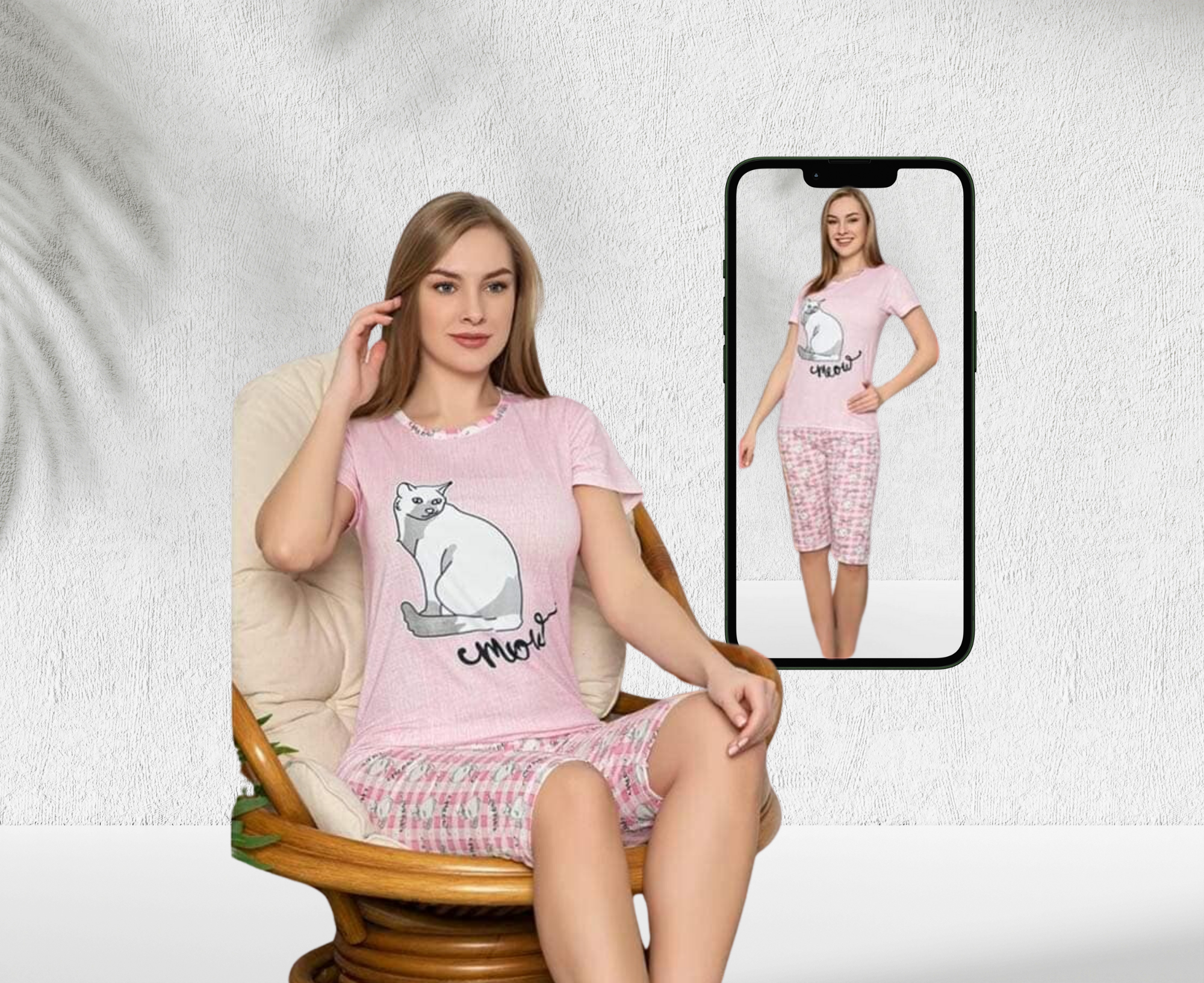 Pijama dama Asma , set 2 piese, bluza maneca scurta si pantaloni 3/4, imprimeu pisicuta meow
